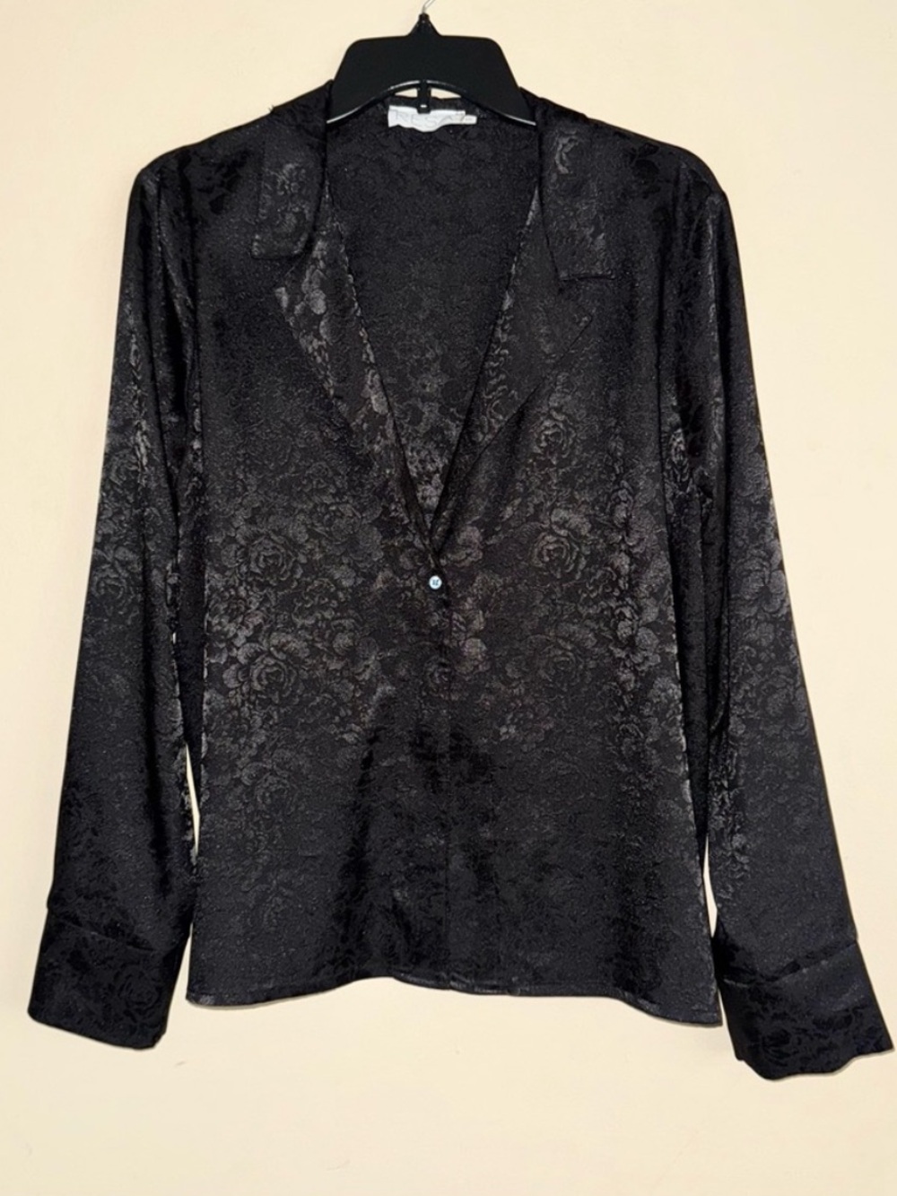 RESA Satin Black Floral Long Sleeve Button Accent Blouse Top Size S